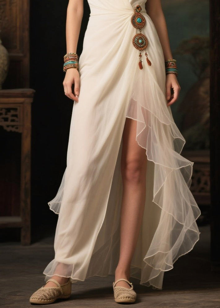 Women White Asymmetrical Side Open Tulle Vacation Dresses Summer