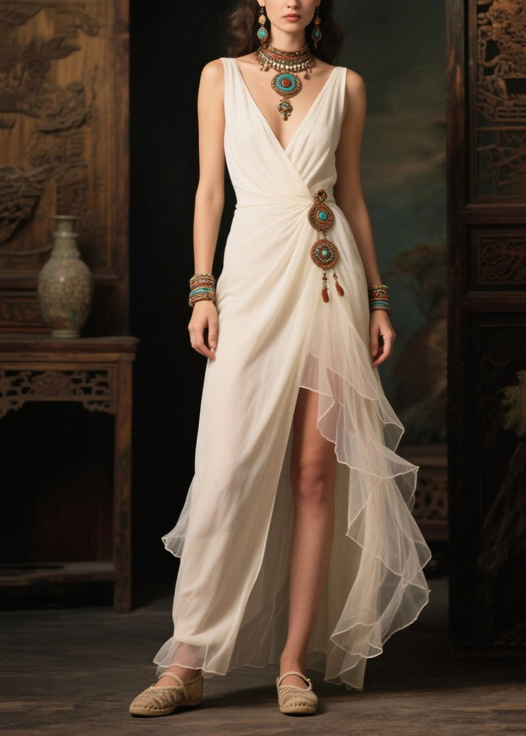 Women White Asymmetrical Side Open Tulle Vacation Dresses Summer
