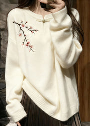 Women White Button Plum Blossom Knit Sweater Tops Winter