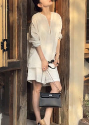 Women White Button Shirts And Pockets Shorts Cotton Two Pieces Set Summer