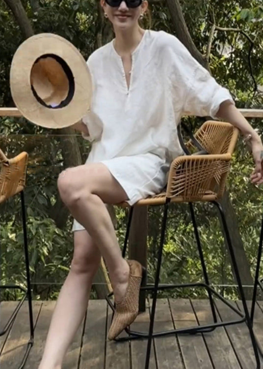 Women White Button Shirts And Pockets Shorts Cotton Two Pieces Set Summer