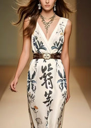 Women White Cinched Print Silk Dress Sleeveless