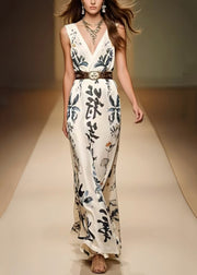 Women White Cinched Print Silk Dress Sleeveless