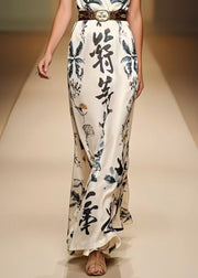 Women White Cinched Print Silk Dress Sleeveless