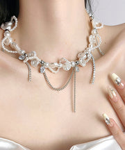 Women White Copper Zircon Pearl Chain Lariat Necklace