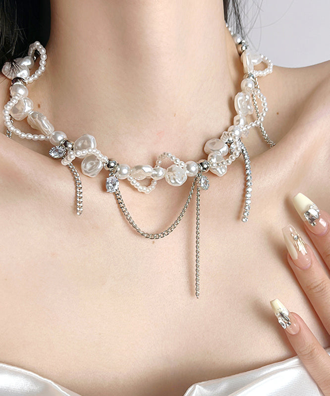 Women White Copper Zircon Pearl Chain Lariat Necklace