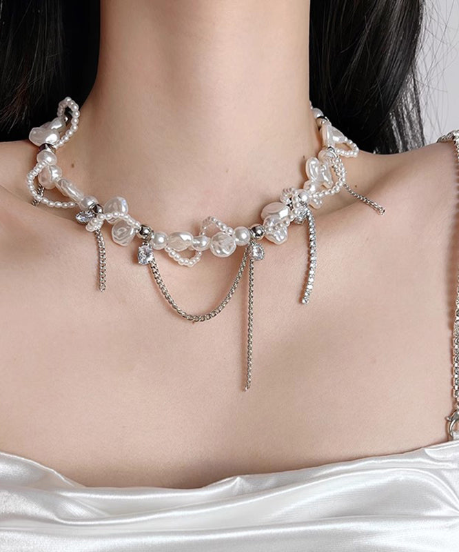 Women White Copper Zircon Pearl Chain Lariat Necklace