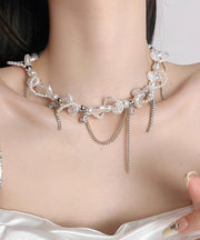Women White Copper Zircon Pearl Chain Lariat Necklace