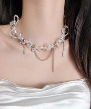 Women White Copper Zircon Pearl Chain Lariat Necklace