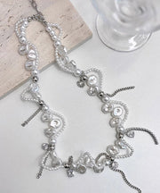 Women White Copper Zircon Pearl Chain Lariat Necklace