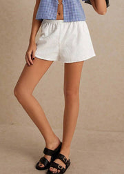 Women White Embroidered Elastic Waist Cotton Shorts Summer