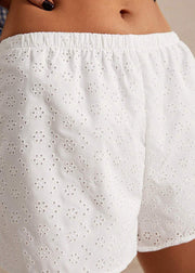 Women White Embroidered Elastic Waist Cotton Shorts Summer