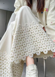 Women White Embroidered Patchwork Cotton Pants Fall