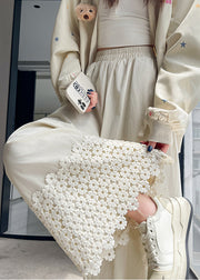 Women White Embroidered Patchwork Cotton Pants Fall