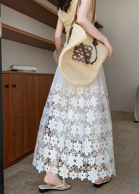 Women White Embroidered Patchwork Lace Beach Skirts Summer