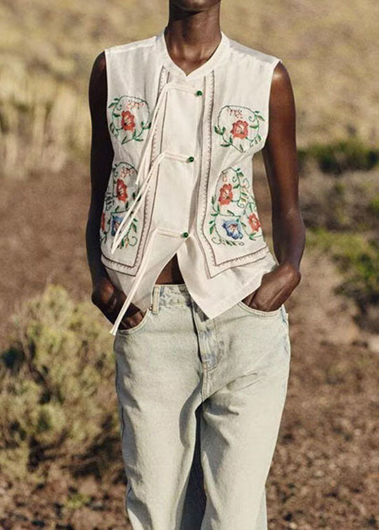 Women White Embroidered Tassel Cotton Top Sleeveless