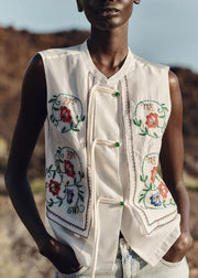 Women White Embroidered Tassel Cotton Top Sleeveless