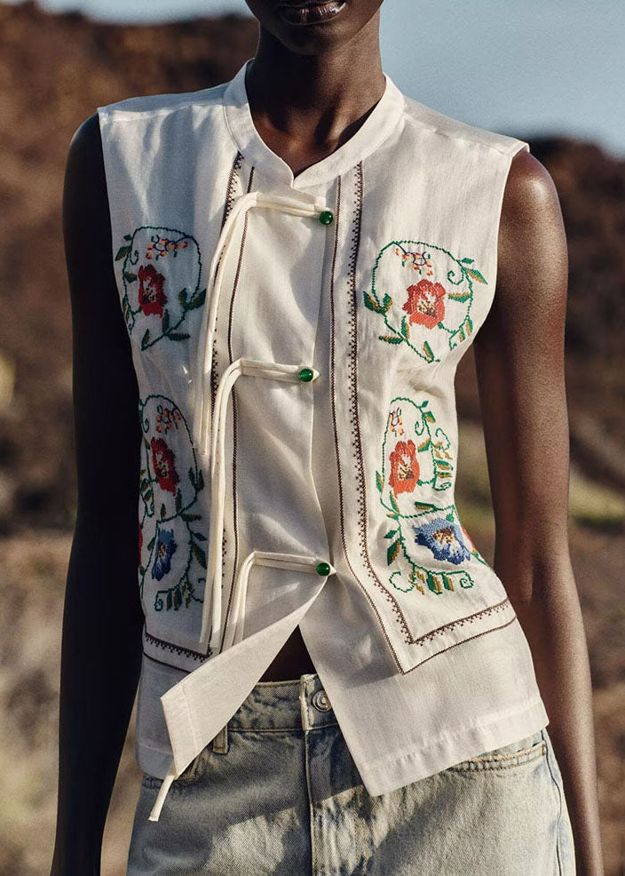 Women White Embroidered Tassel Cotton Top Sleeveless