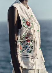 Women White Embroidered Tassel Cotton Top Sleeveless