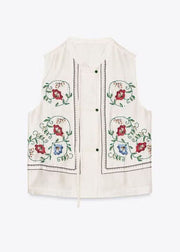 Women White Embroidered Tassel Cotton Top Sleeveless