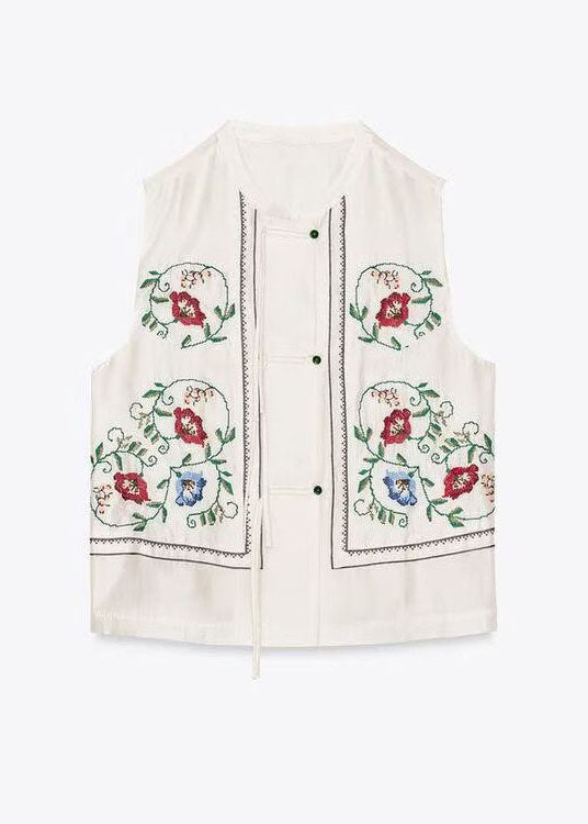 Women White Embroidered Tassel Cotton Top Sleeveless