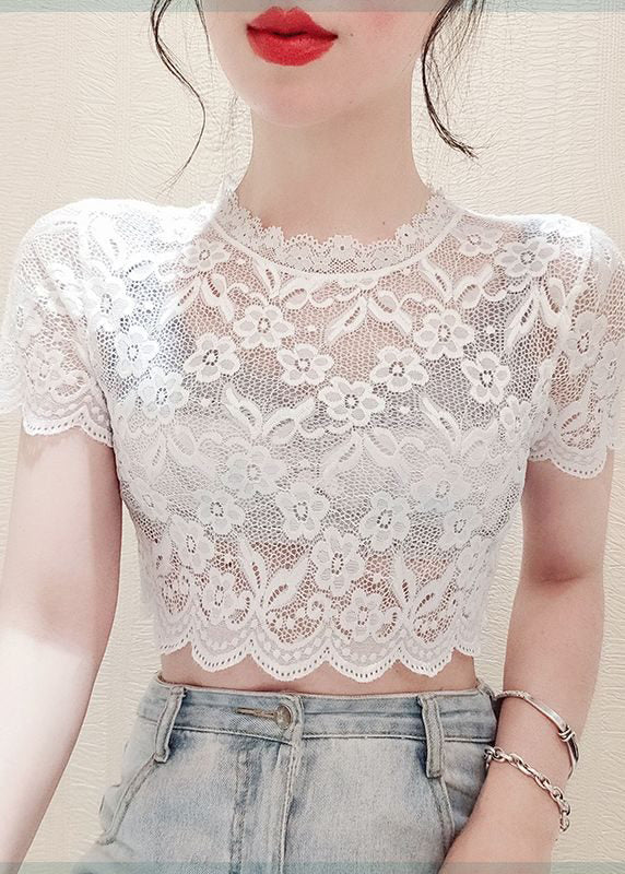Women White Embroideried Lace Short Tank Half Sleeve