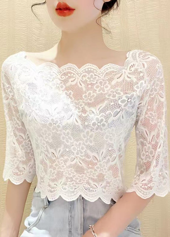 Women White Embroideried Lace Short Tank Half Sleeve