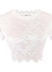 Women White Embroideried Lace Short Tank Half Sleeve