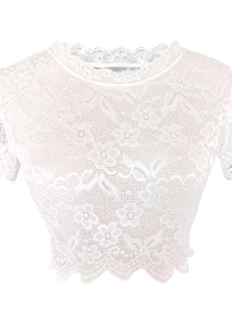 Women White Embroideried Lace Short Tank Half Sleeve