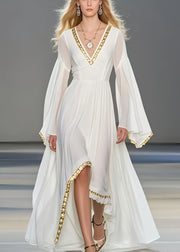 Women White Exra Large Hem Chiffon Robe Dresses Flare Sleeve