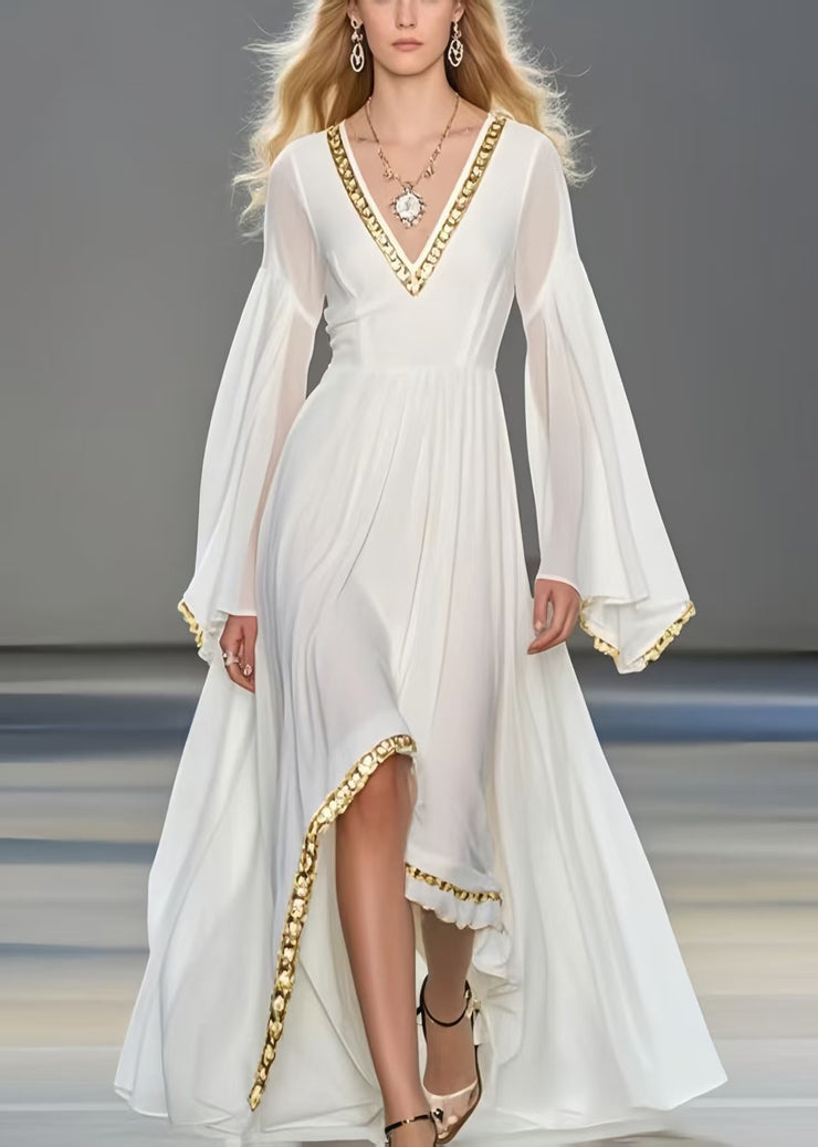 Women White Exra Large Hem Chiffon Robe Dresses Flare Sleeve