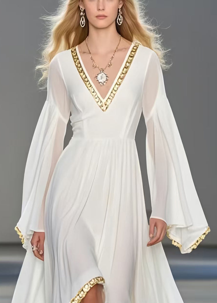 Women White Exra Large Hem Chiffon Robe Dresses Flare Sleeve