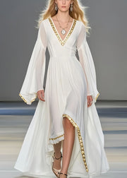 Women White Exra Large Hem Chiffon Robe Dresses Flare Sleeve