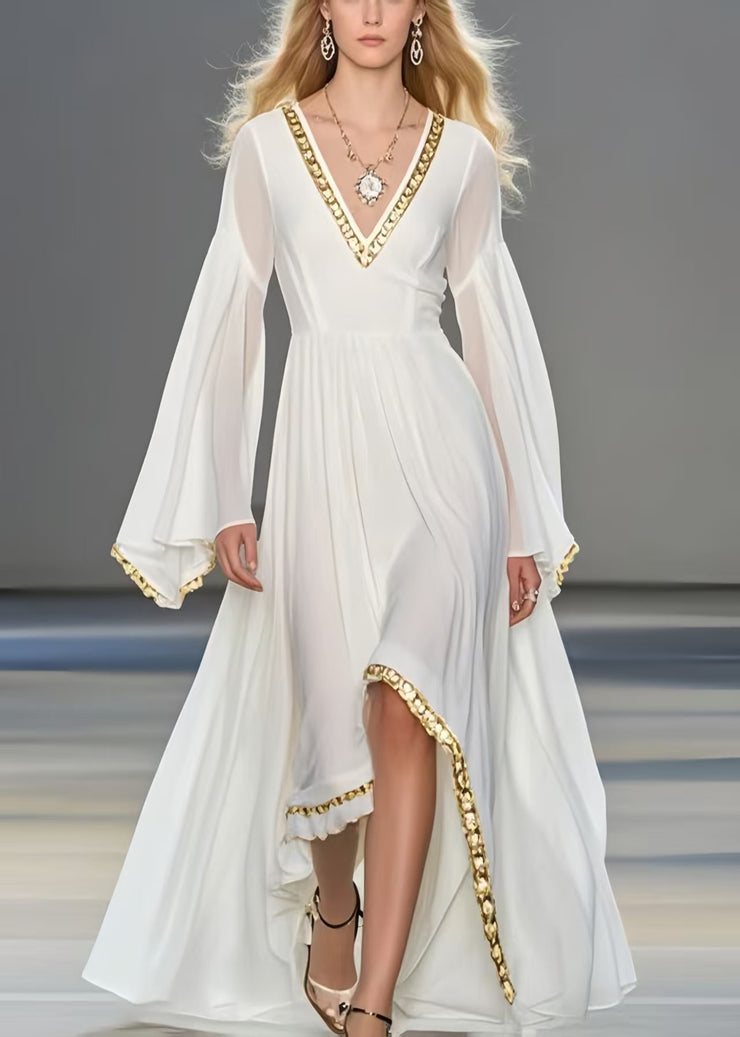 Women White Exra Large Hem Chiffon Robe Dresses Flare Sleeve