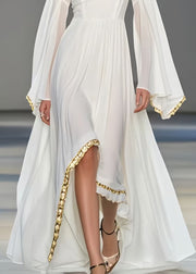 Women White Exra Large Hem Chiffon Robe Dresses Flare Sleeve