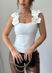 Women White Floral Decorated Silm Vests Summer