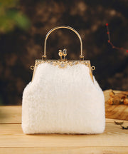 Women White Fuzzy Fur Fluffy Zircon Tote Handbag