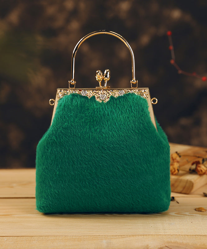 Women White Fuzzy Fur Fluffy Zircon Tote Handbag
