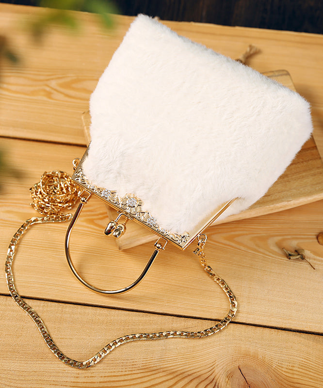 Women White Fuzzy Fur Fluffy Zircon Tote Handbag