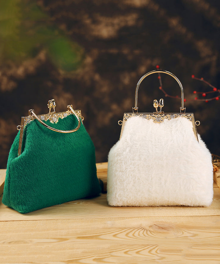 Women White Fuzzy Fur Fluffy Zircon Tote Handbag