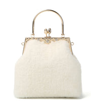 Women White Fuzzy Fur Fluffy Zircon Tote Handbag
