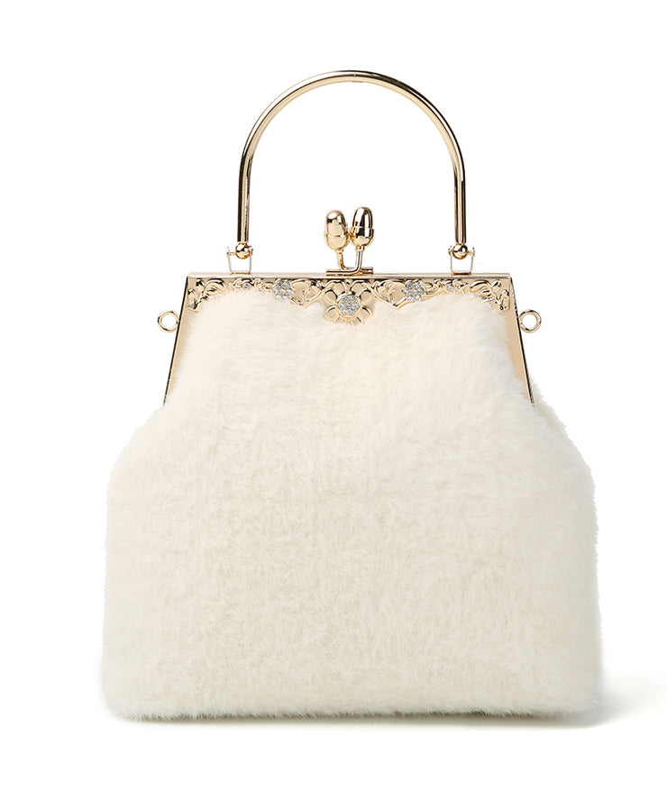 Women White Fuzzy Fur Fluffy Zircon Tote Handbag