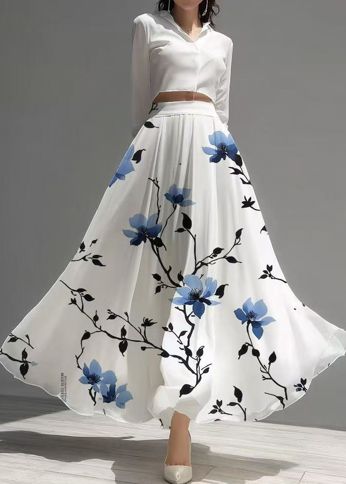 Women White High Waist Print Chiffon Tea Skirts Summer