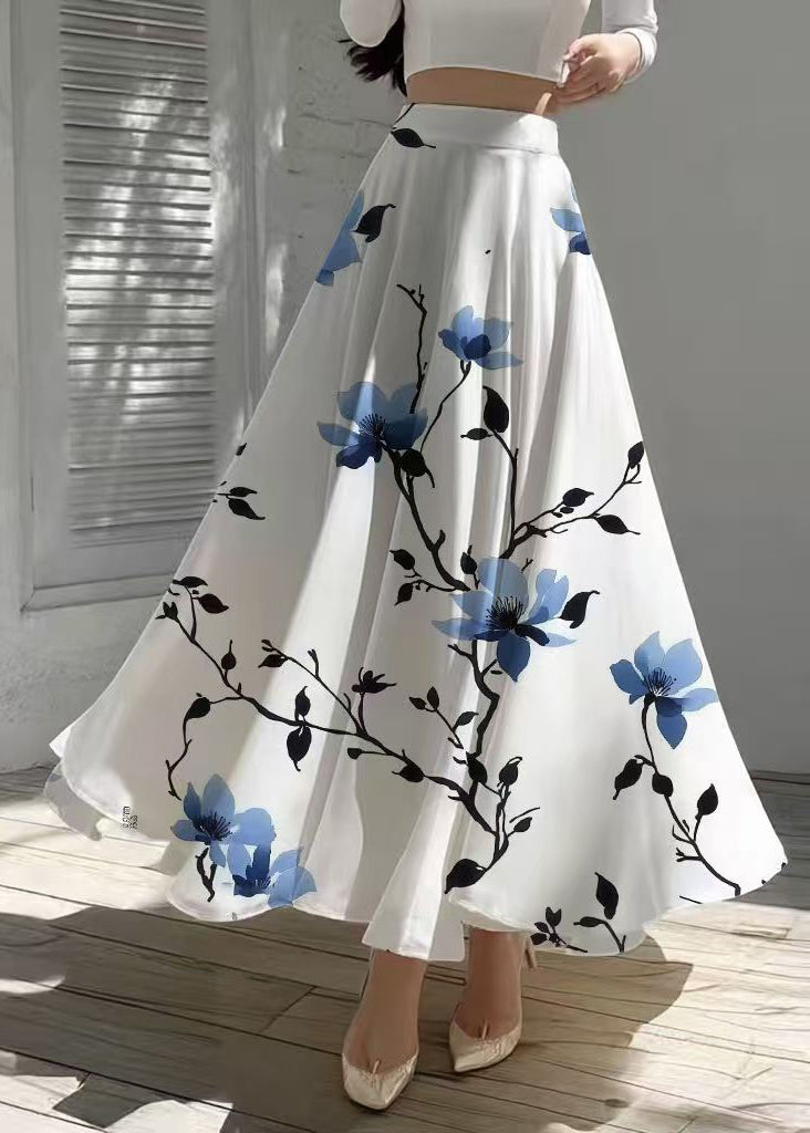 Women White High Waist Print Chiffon Tea Skirts Summer