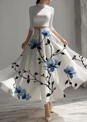 Women White High Waist Print Chiffon Tea Skirts Summer