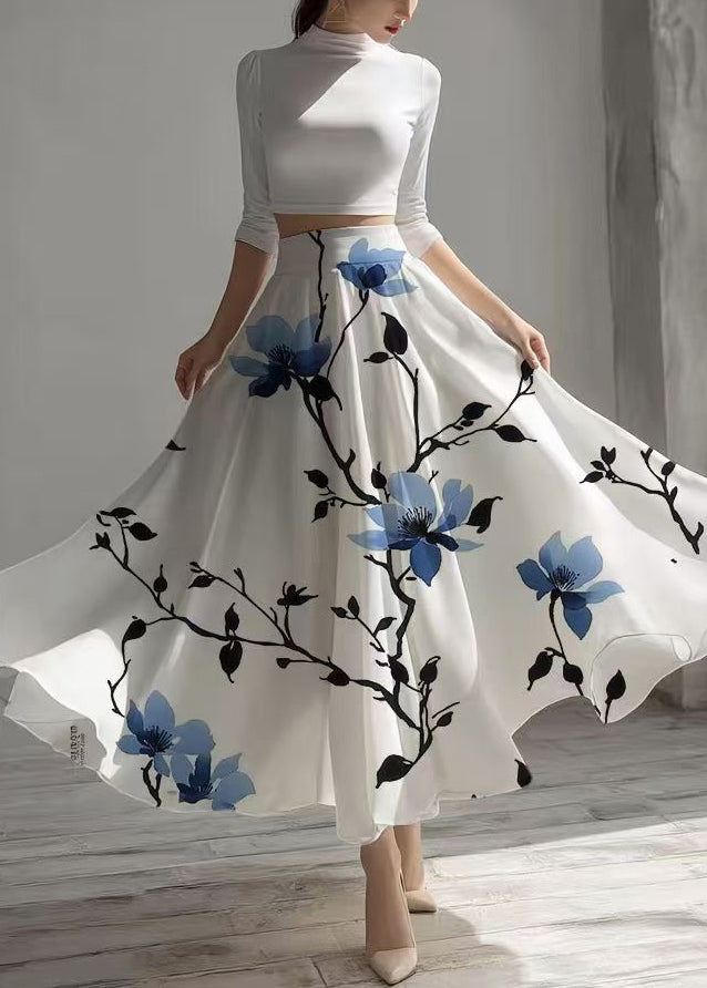 Women White High Waist Print Chiffon Tea Skirts Summer