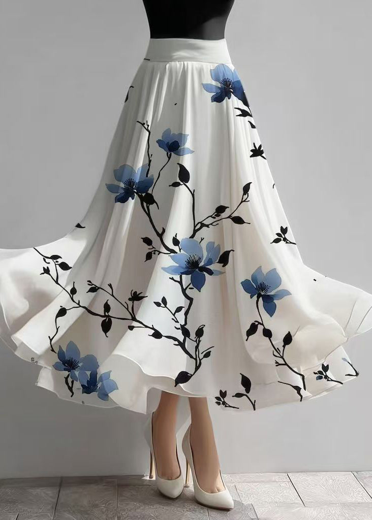 Women White High Waist Print Chiffon Tea Skirts Summer