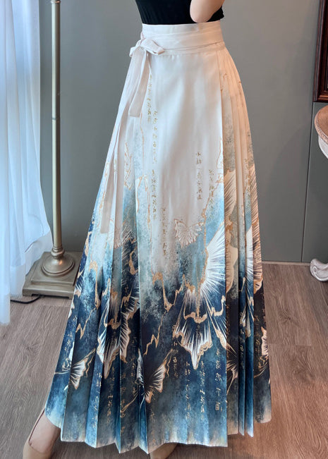 Women White High Waist Print Satin Pleated Skirts Summer