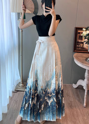 Women White High Waist Print Satin Pleated Skirts Summer