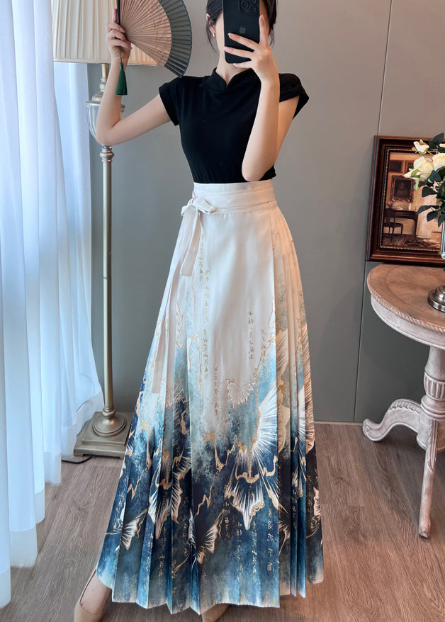 Women White High Waist Print Satin Pleated Skirts Summer